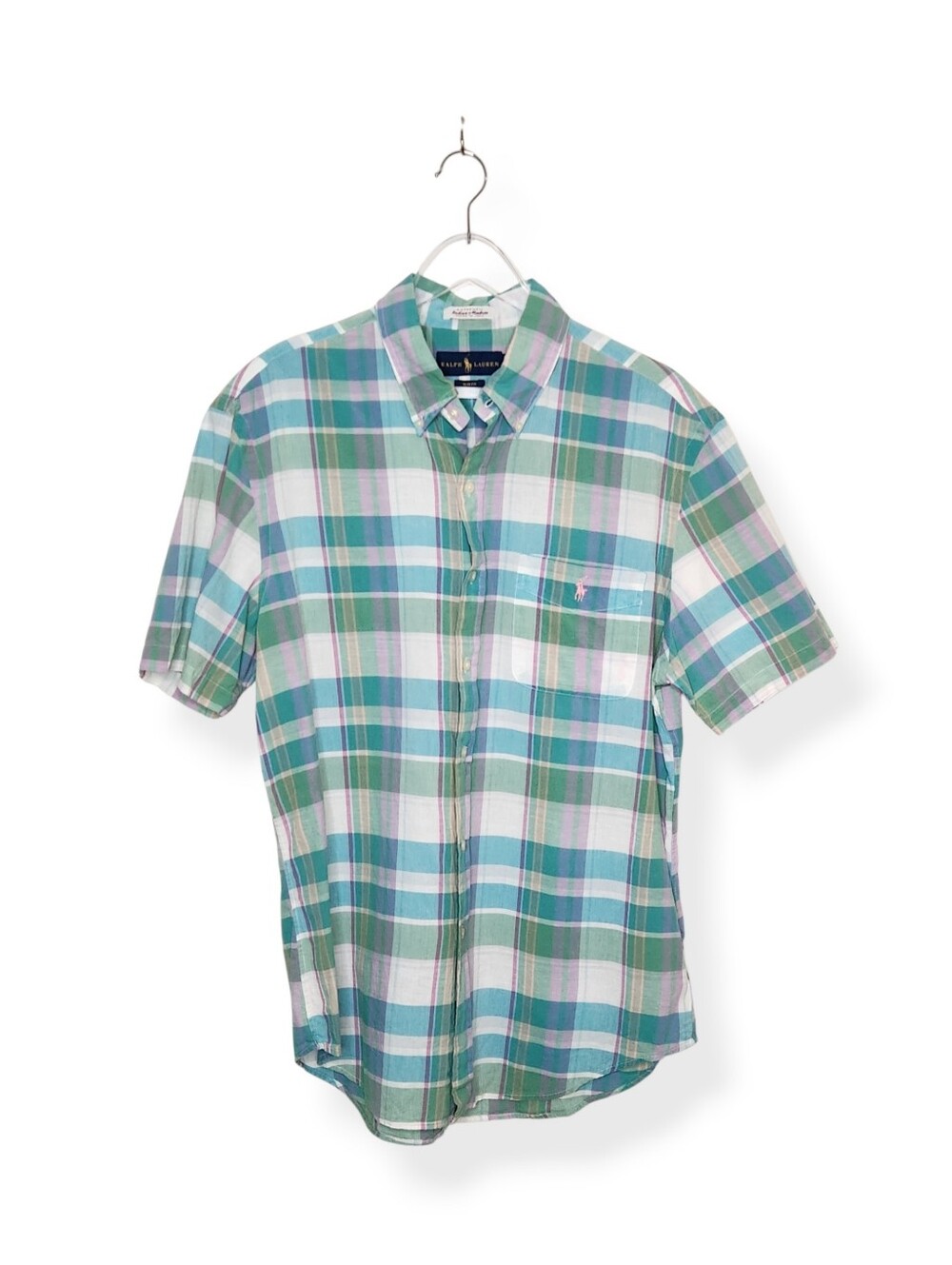 Ralph Lauren Slim Fit Madras Plaid Short Sleeve Shirt Green Blue Mens Size Large